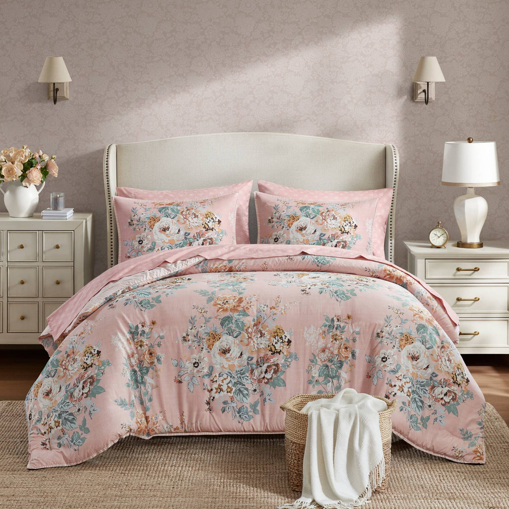 Heather - King 7 Piece Vintage-Inspired Floral Print - Pink