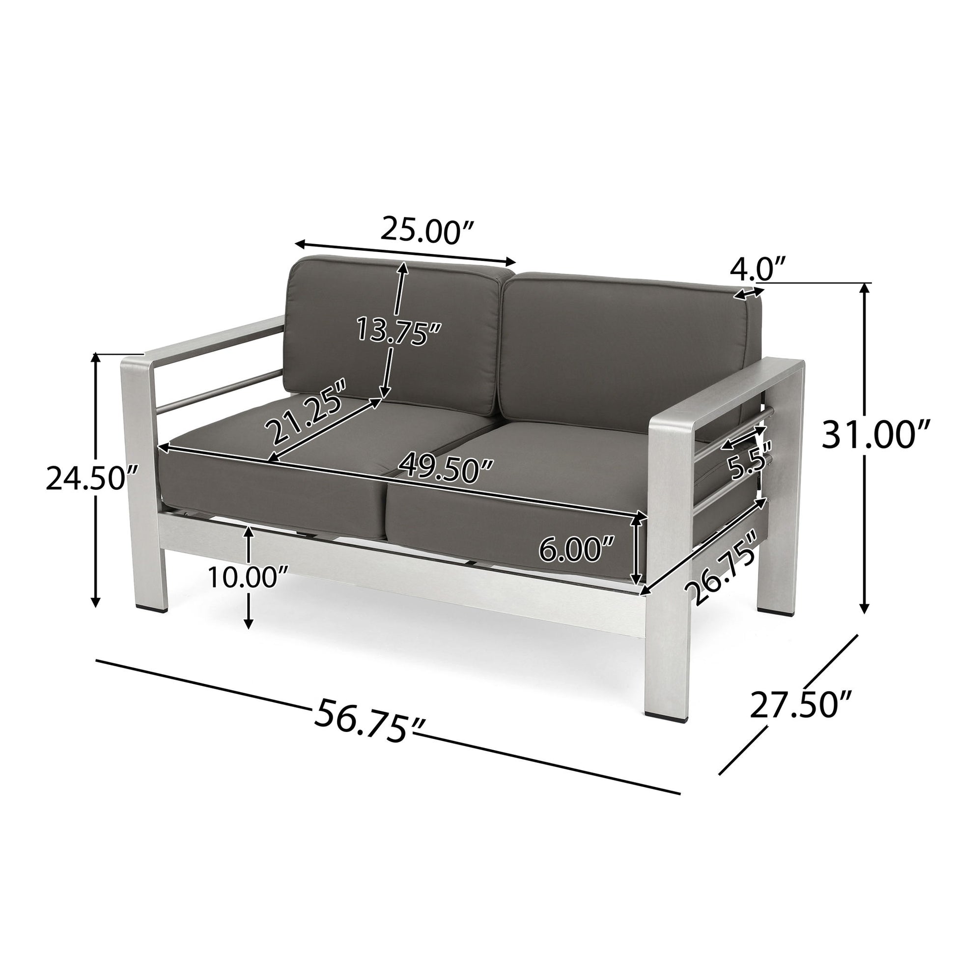 Outdoor Aluminum Loveseat With Cushion - Gray