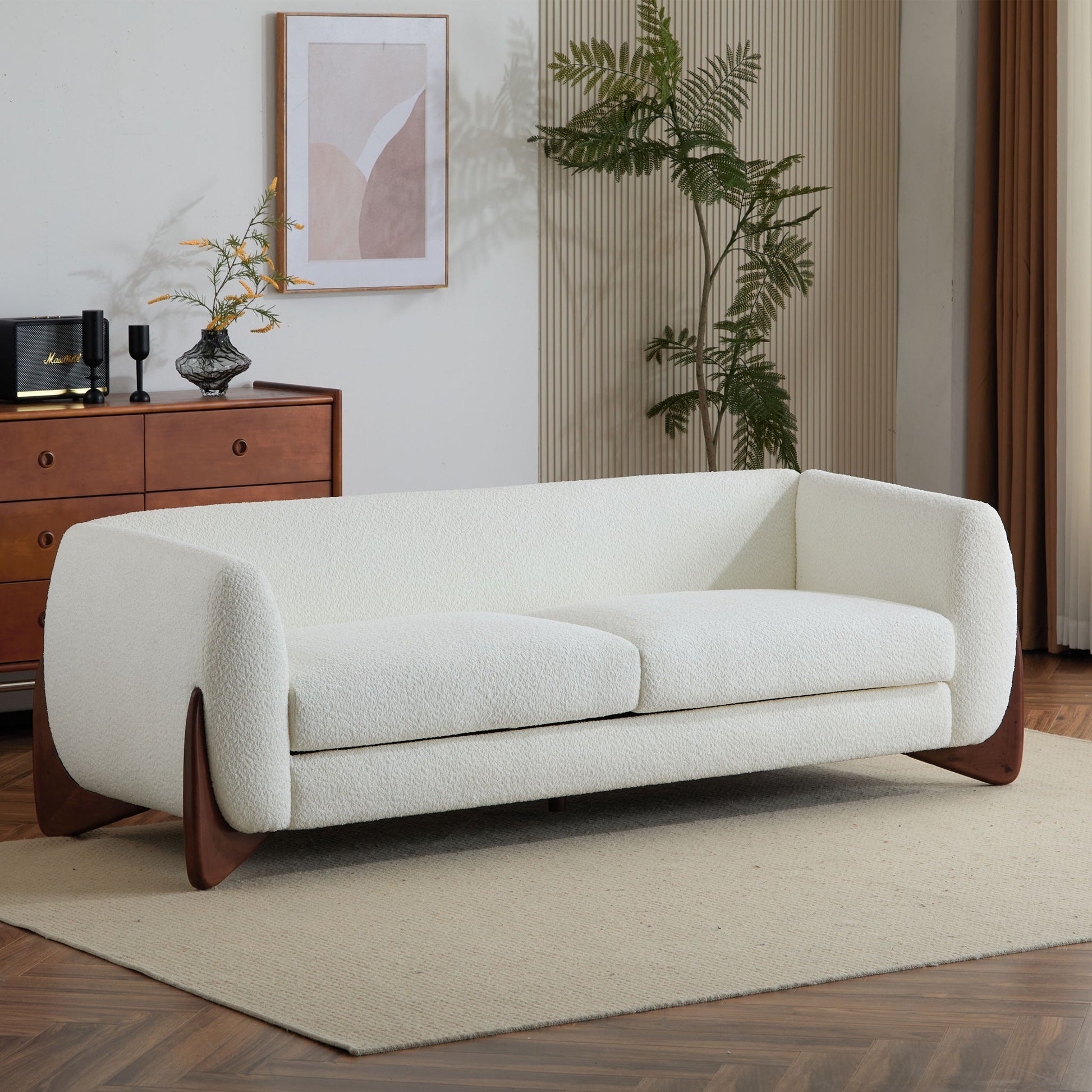 Contemporary Boucle Sherpa Sofa With Birch Wood Legs