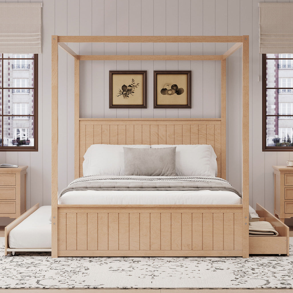 Canopy Platform Bed With Trundle And 3 Storage Drawers