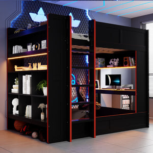 Full Size Gaming Bunk Bed With Desk, Storage Shelves, LED And Charging Station - Black
