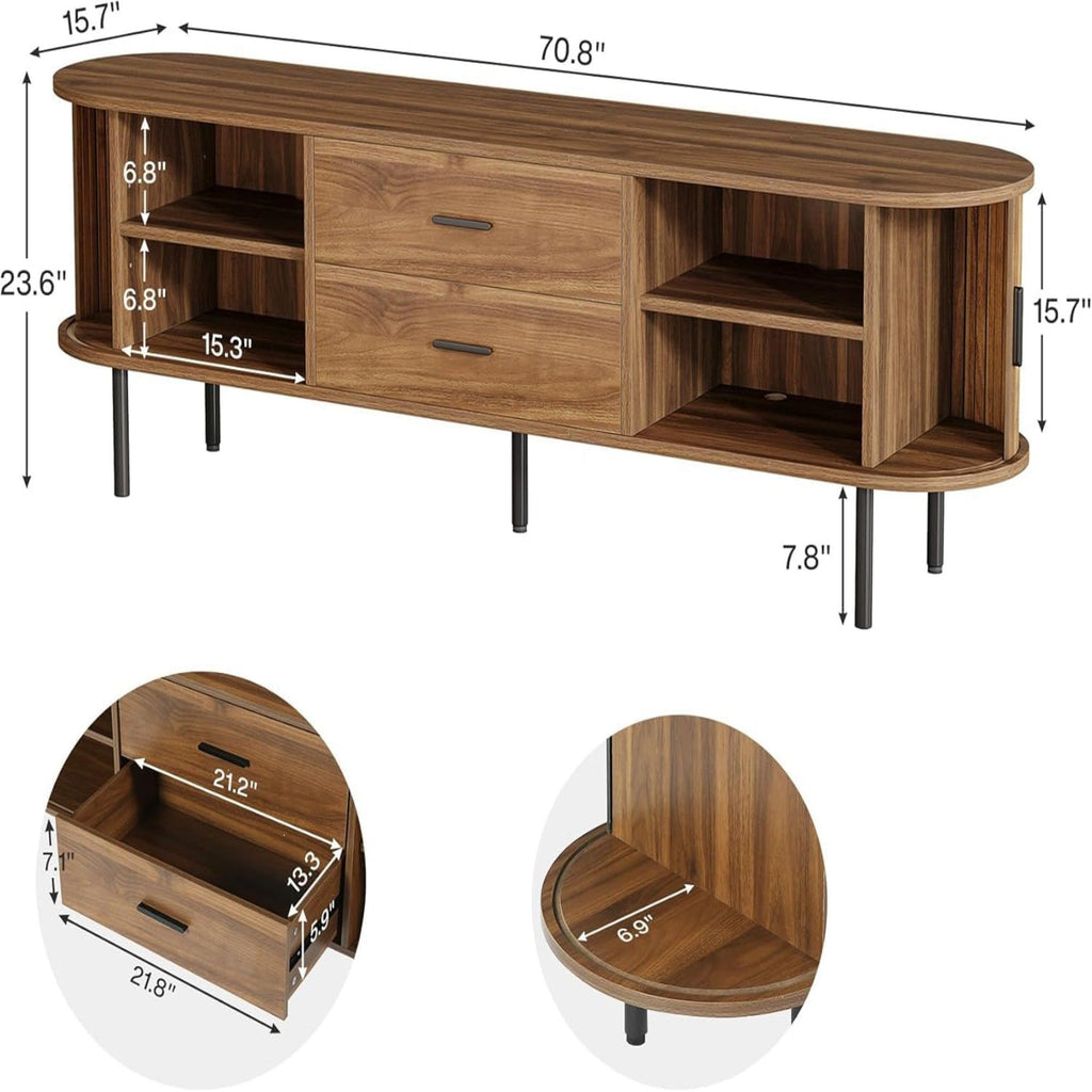 Fluted TV Stand With Tambour Sliding Doors - Walnut