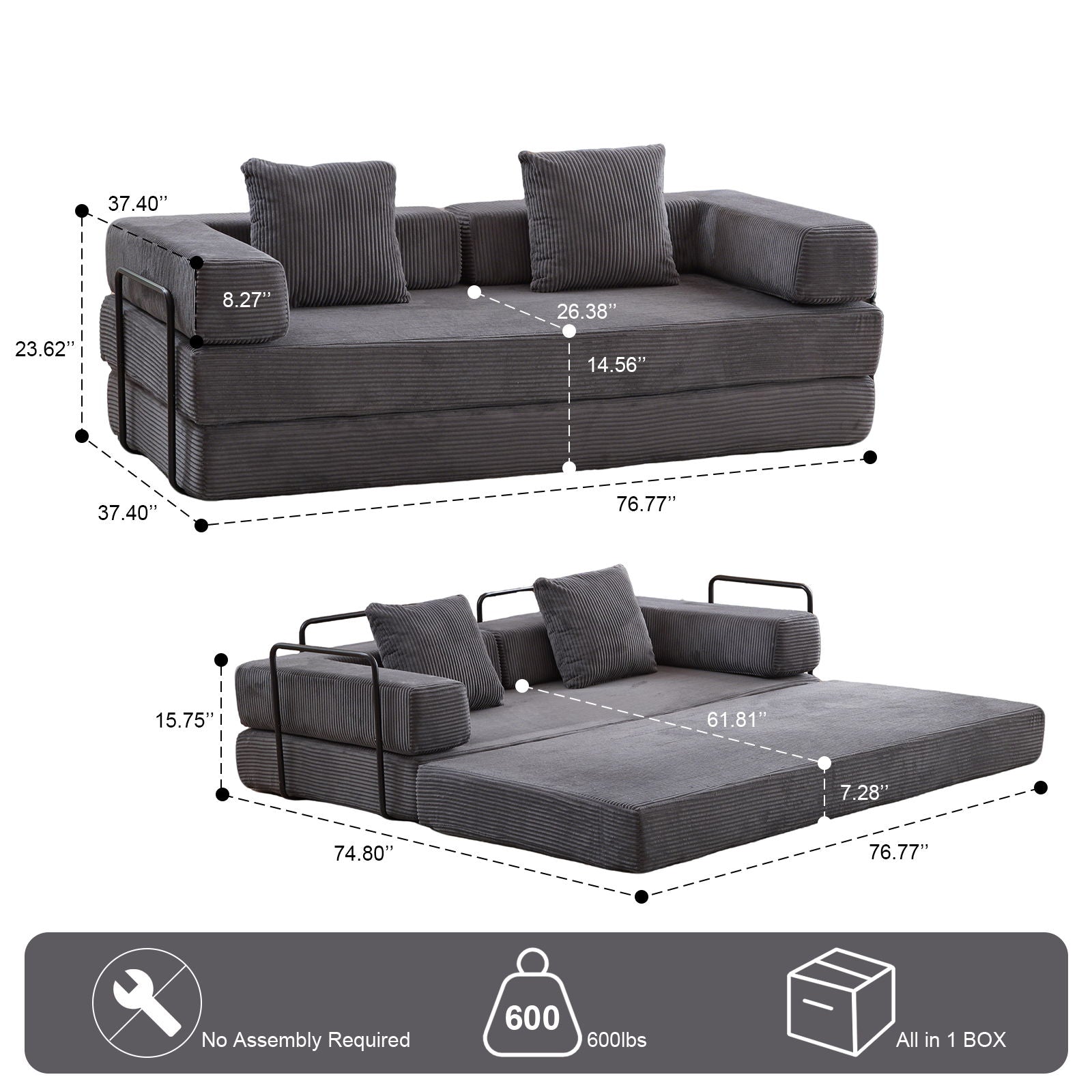 Floor Couch, Convertible Floor Sofa Bed With Pillow Back Support Armrest