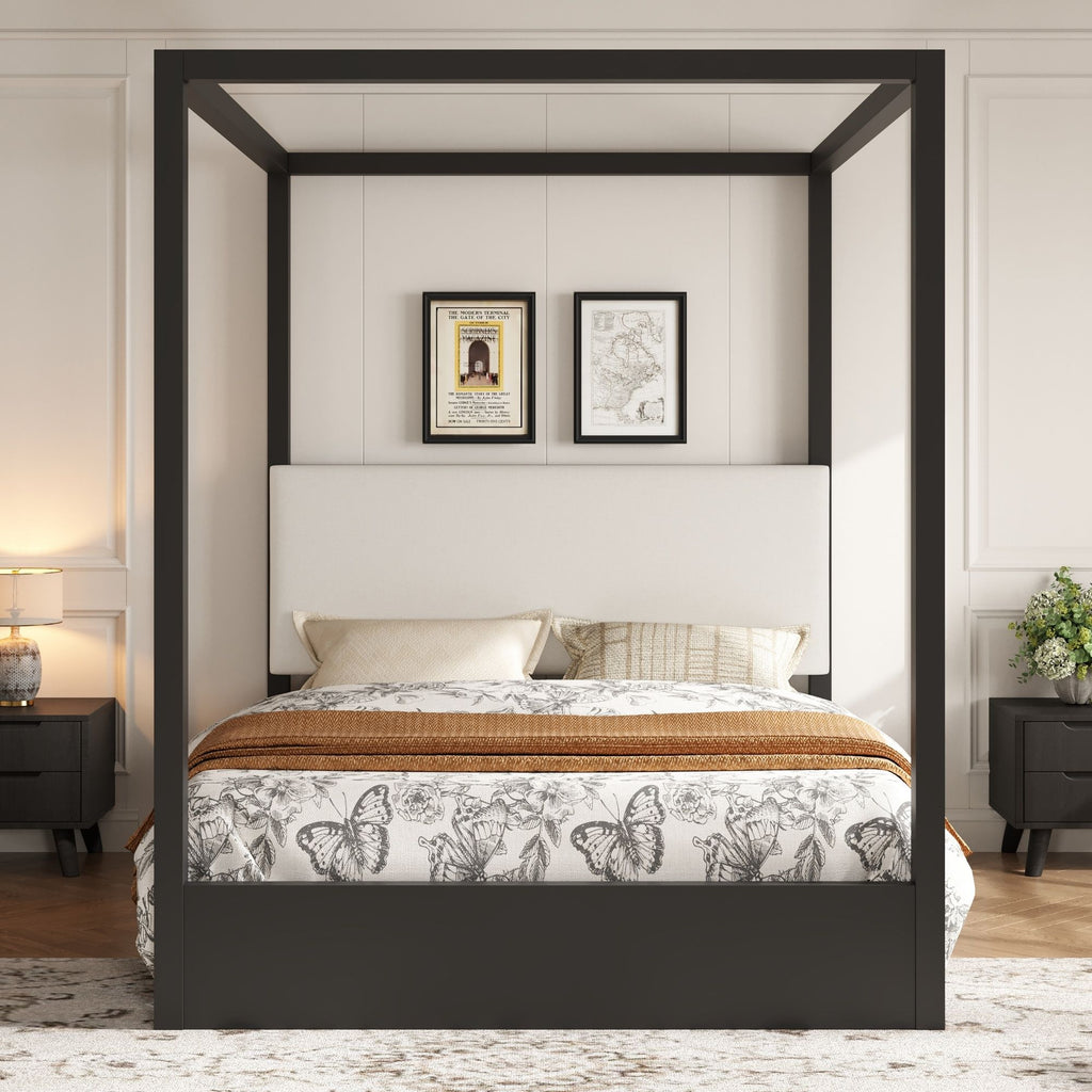 Canopy Platform Bed With Upholstered Headboard