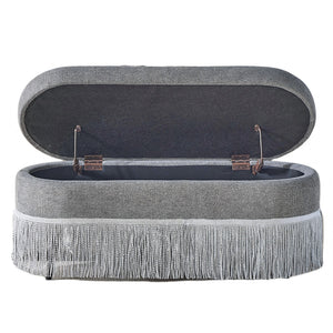 Oval Upholstered Storage Ottoman With Fringe Trim & Lift Top Lid