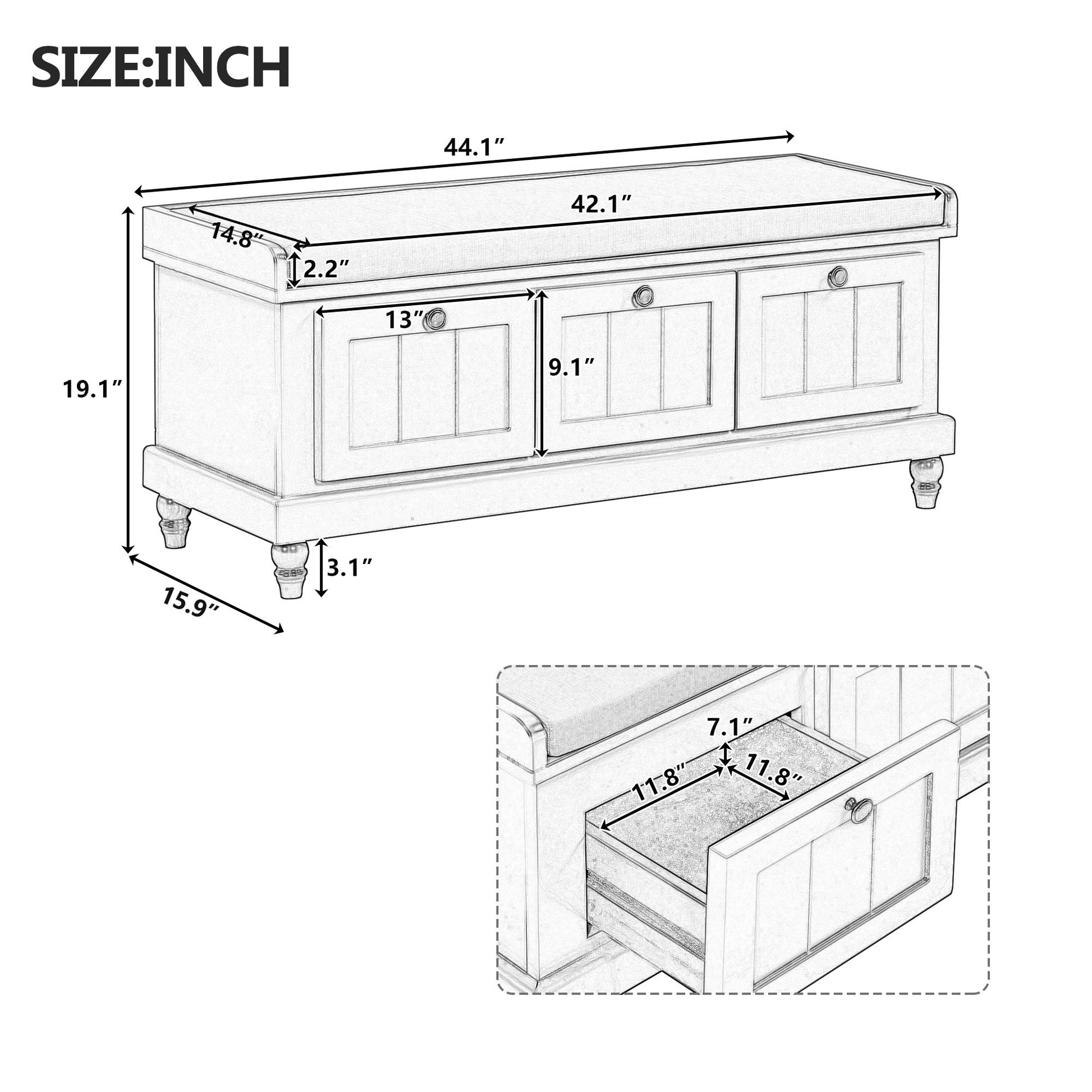 Shoe Bench With Cushion And 3 Drawers - Natural