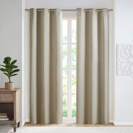 Taren - 84" Solid Blackout Triple Weave Grommet Top Curtain Panel Pair - Beige