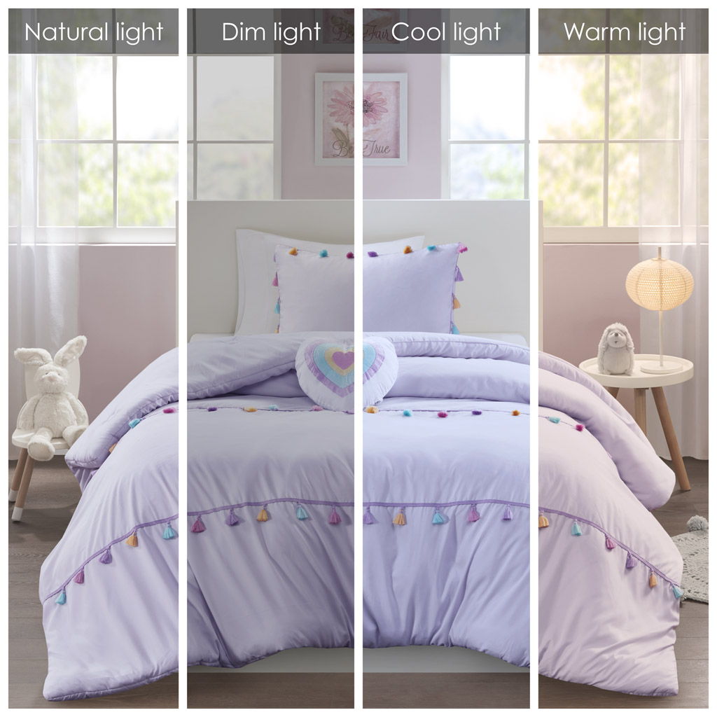 Tessa - 4 Piece Full/Queen Tassel Comforter Set With Heart Shaped Throw Pillow - Lavender
