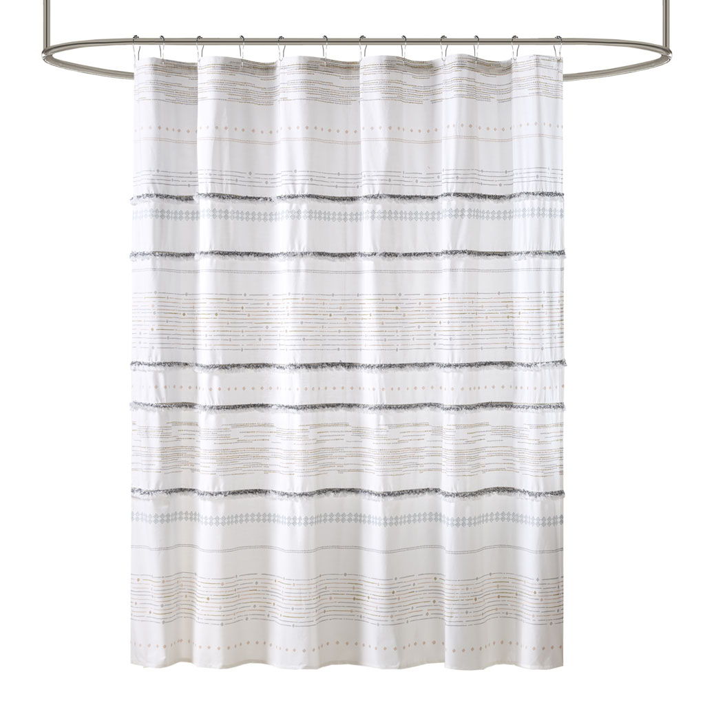 Nea - Printed Shower Curtain With Trims - Off White / Gray