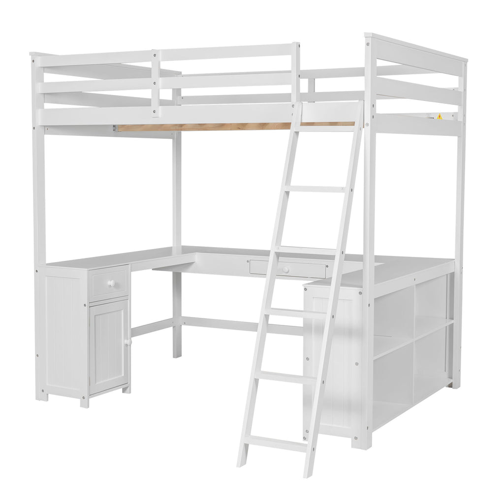 Loft Bed With U Shaped Desk, Drawers, And Storage Shelves