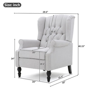 Tufted Arm Chair Recliner With Wingback Style, Pushback Mechanism - Light Gray