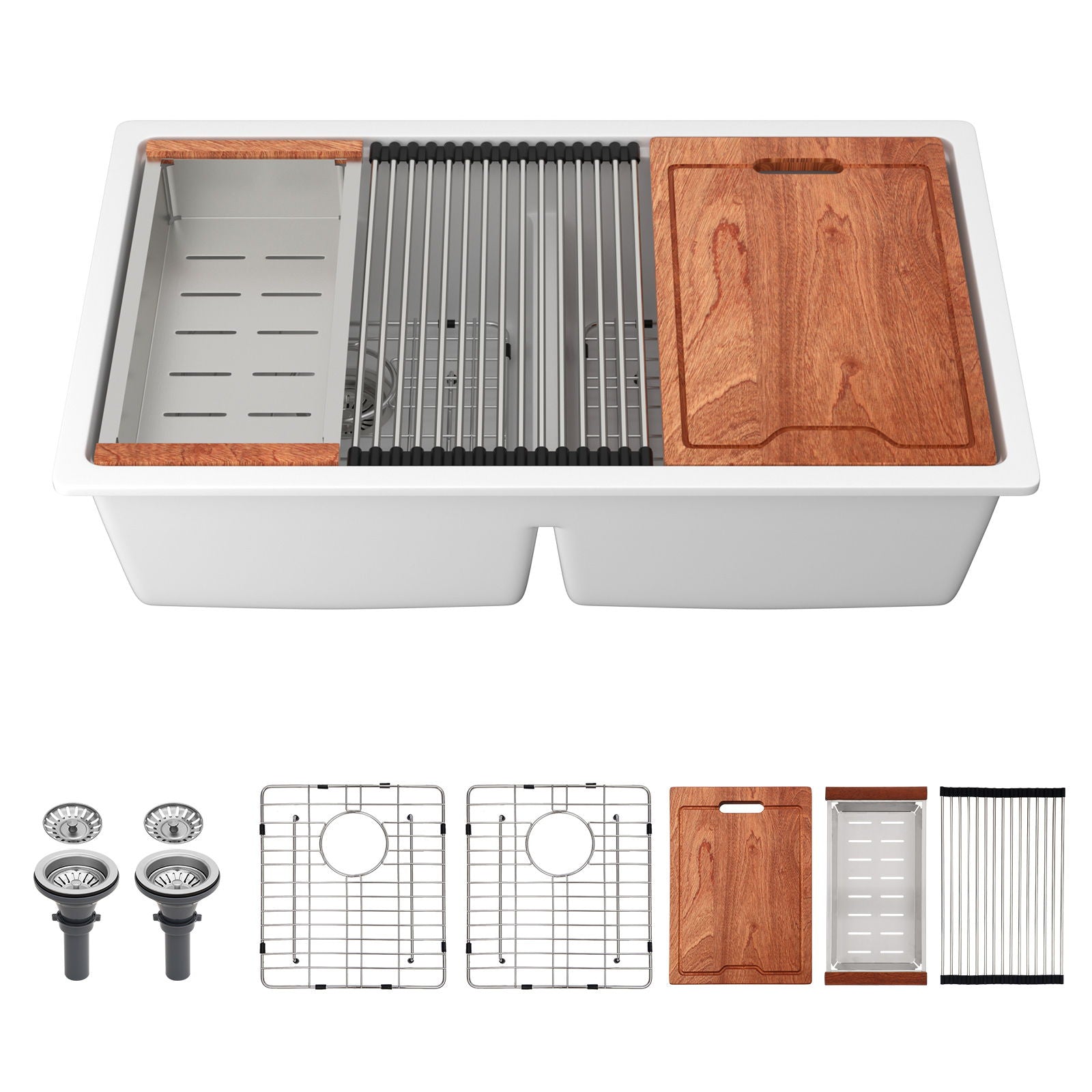 Quartz Kitchen Sink, Granite Composite Double Bowl, Undermount Workstation