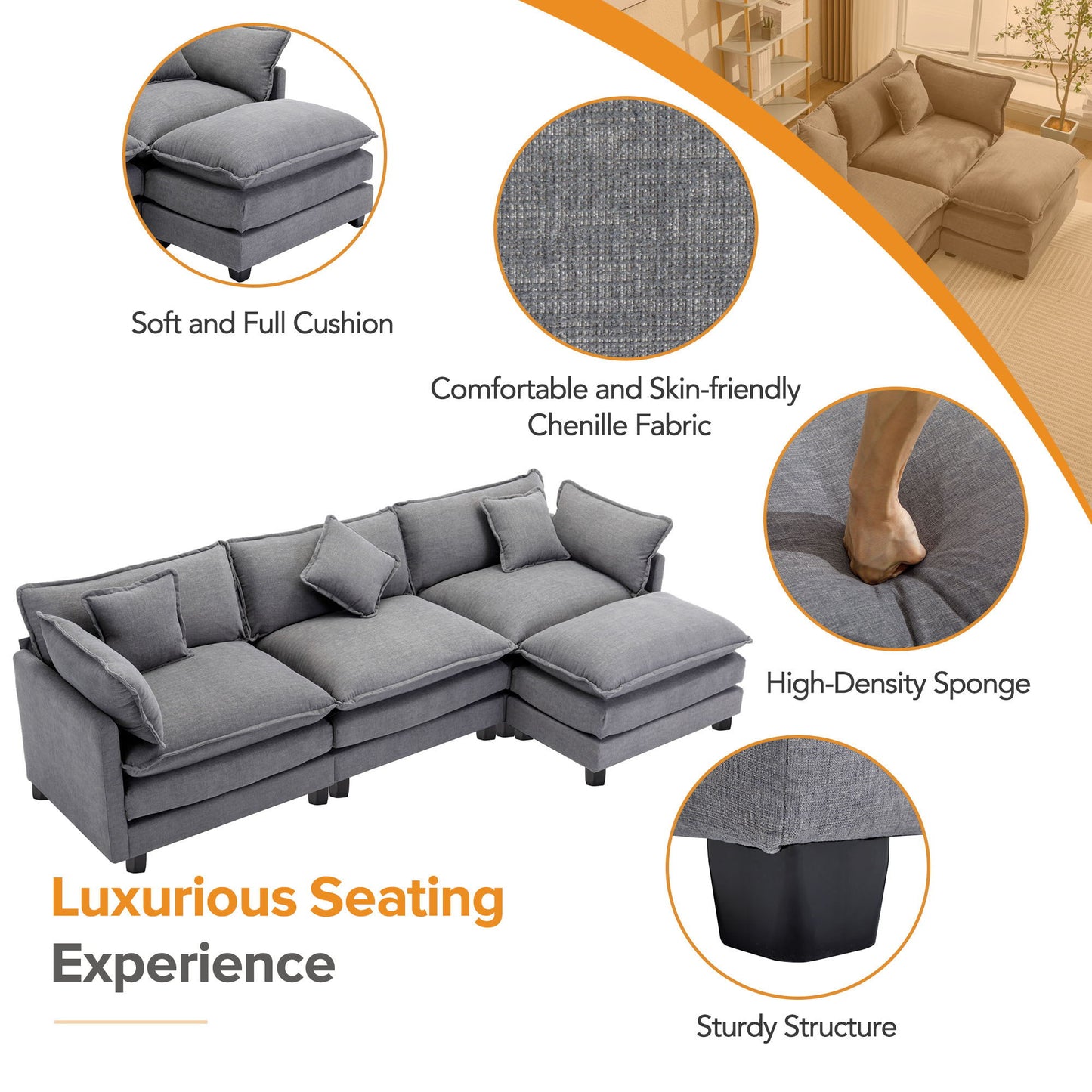 L-Shape Chenille Upholstered Sofa For Living Room Modern Luxury Sofa Couch With Ottoman And 5 Pillows For Living Room