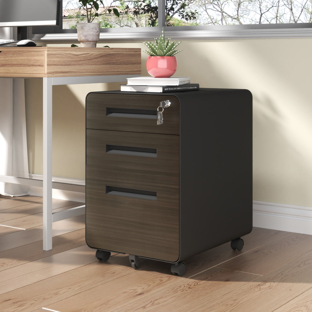 3-Drawer Mobile File Cabinet With Lock, On Casters, Holds A4/Letter Files