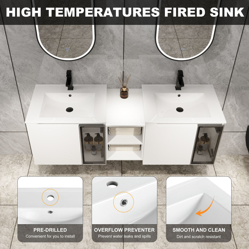 Wall Mounted Bathroom Vanity With Sink, Soft Close Doors, Cabinet & Half Door