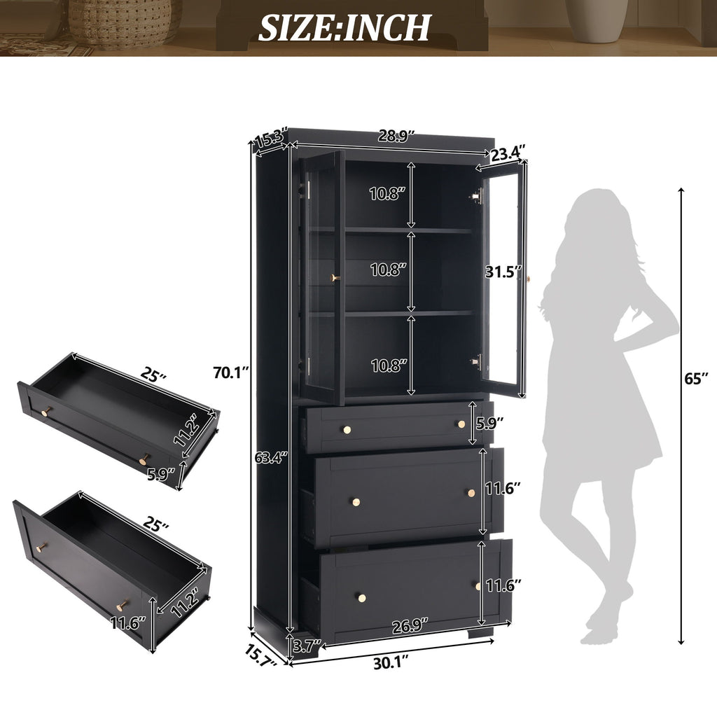 Freestanding Tall Bathroom Cabinet With Adjustable Shelves, Drawers, Soft Close Glass Doors