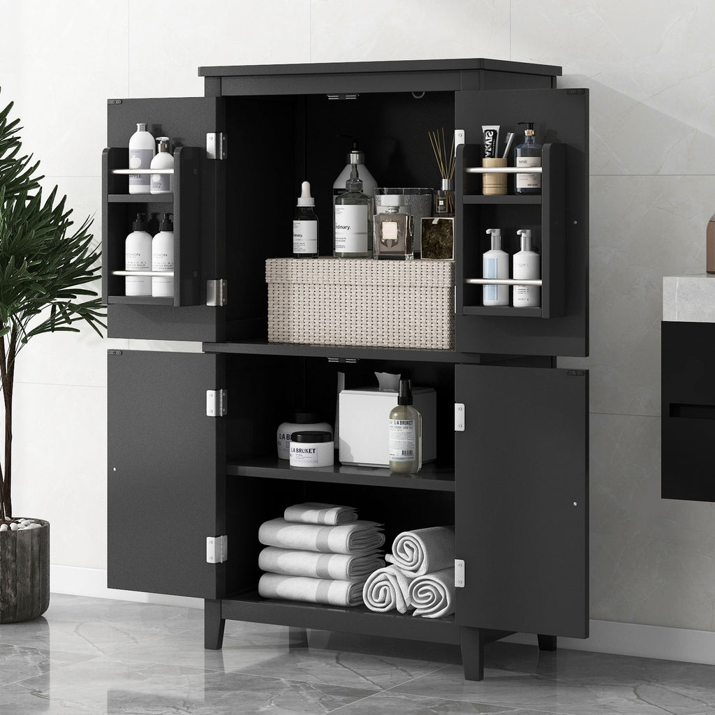 Elegant Bathroom Floor Storage Cabinet With 4 Doors, Adjustable Shelves