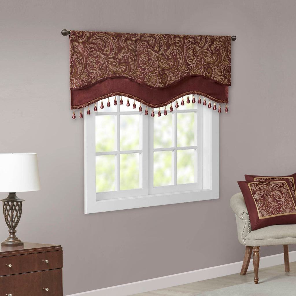 Aubrey - Window Rod Pocket Valance With Beads - Burgundy