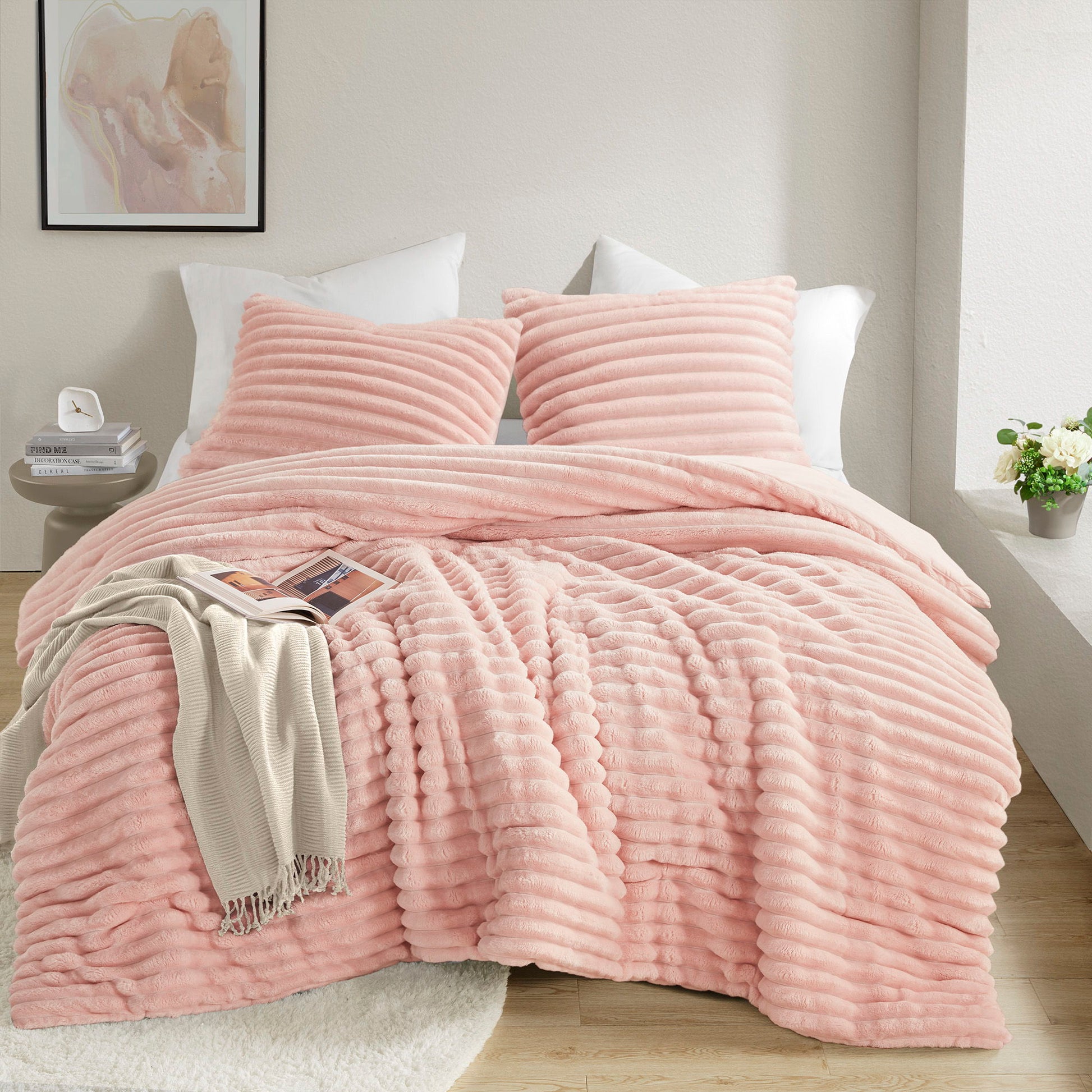 Avril - Twin/Twin Long Fluffy Ribbed Plush Comforter Set - Pink