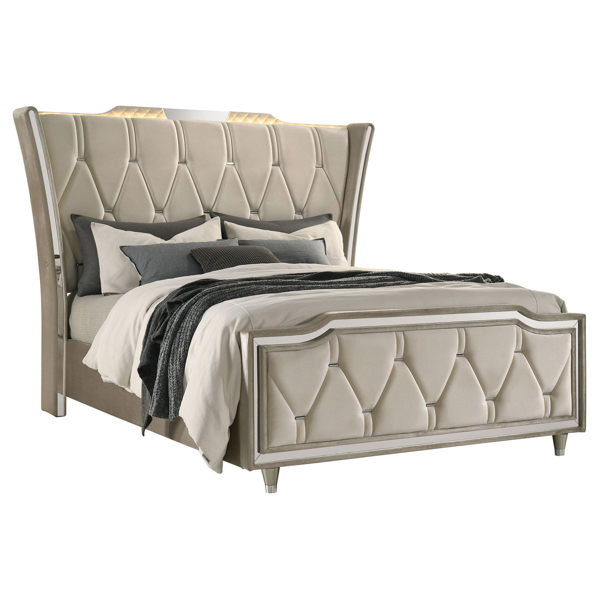 Mika - LED Upholstered Bed With Tufted Wingback Headboard And Ambient Lighting