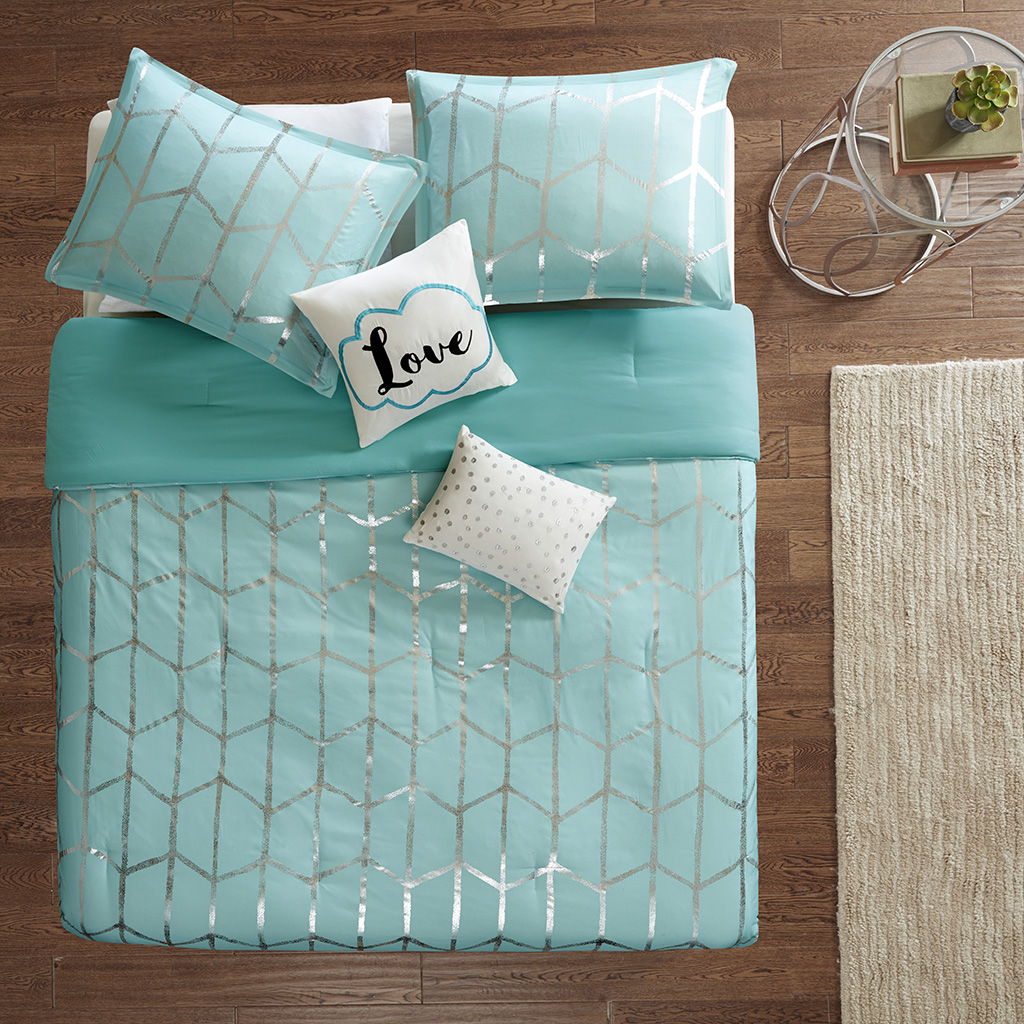 Raina - King Metallic Printed Comforter Set - Aqua / Silver