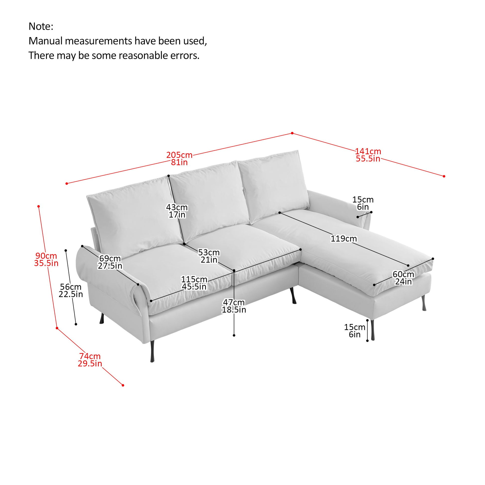 Modern Sectional Technical Leather L-Shaped Sofa Couch With Reversible Chaise Lounge