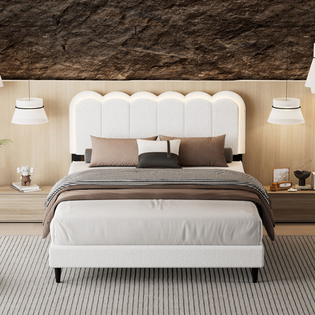 Queen Size Lambswool Petal Headboard Bed Frame With Ambient Light - White