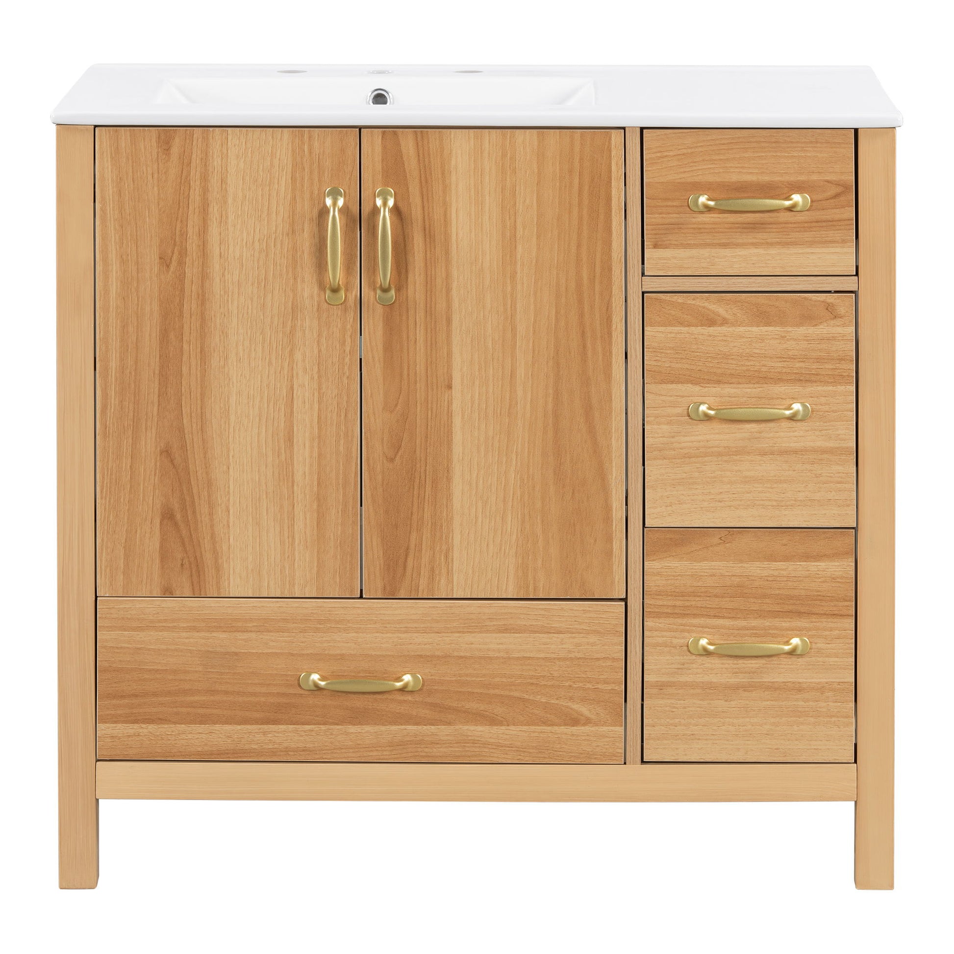 36" Bathroom Vanity, 2 Soft Close Doors, 4 Soft Close Drawers, Adjustable Shelf, Storage Cabinet - Acacia Wood
