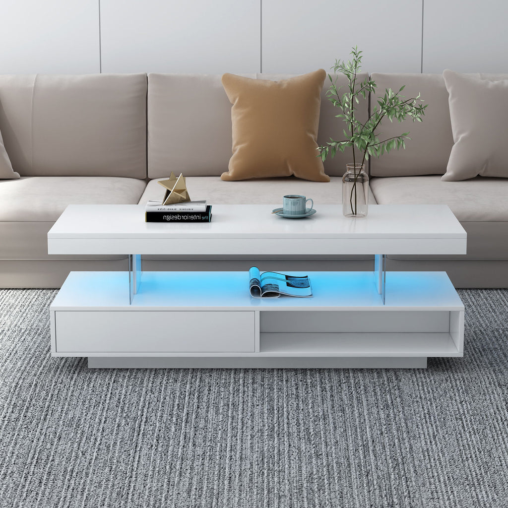LED Coffee Table With Storage, Modern Center Table With 2 Drawers And Display Shelves, Accent Furniture With LED Lights For Living Room - White