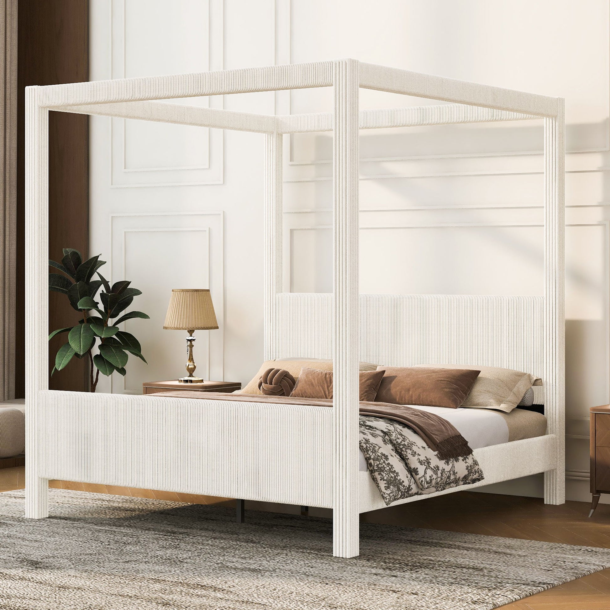 Upholstered Canopy Platform Bed With Headboard And Footboard, Vertical Ribbed Design