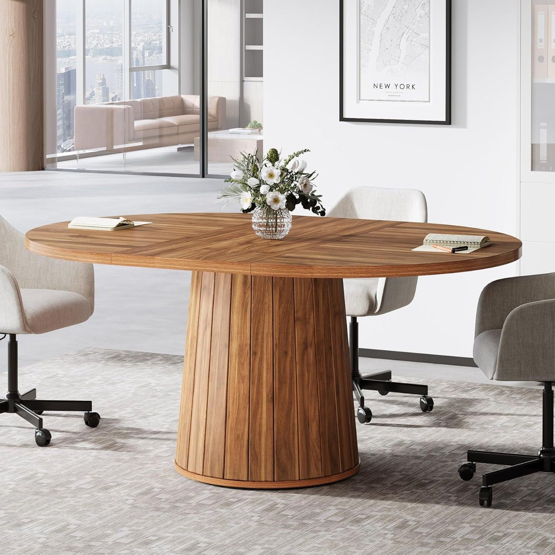Oval Conference Table, Meeting Room Table With Cylindrical Base - Brown