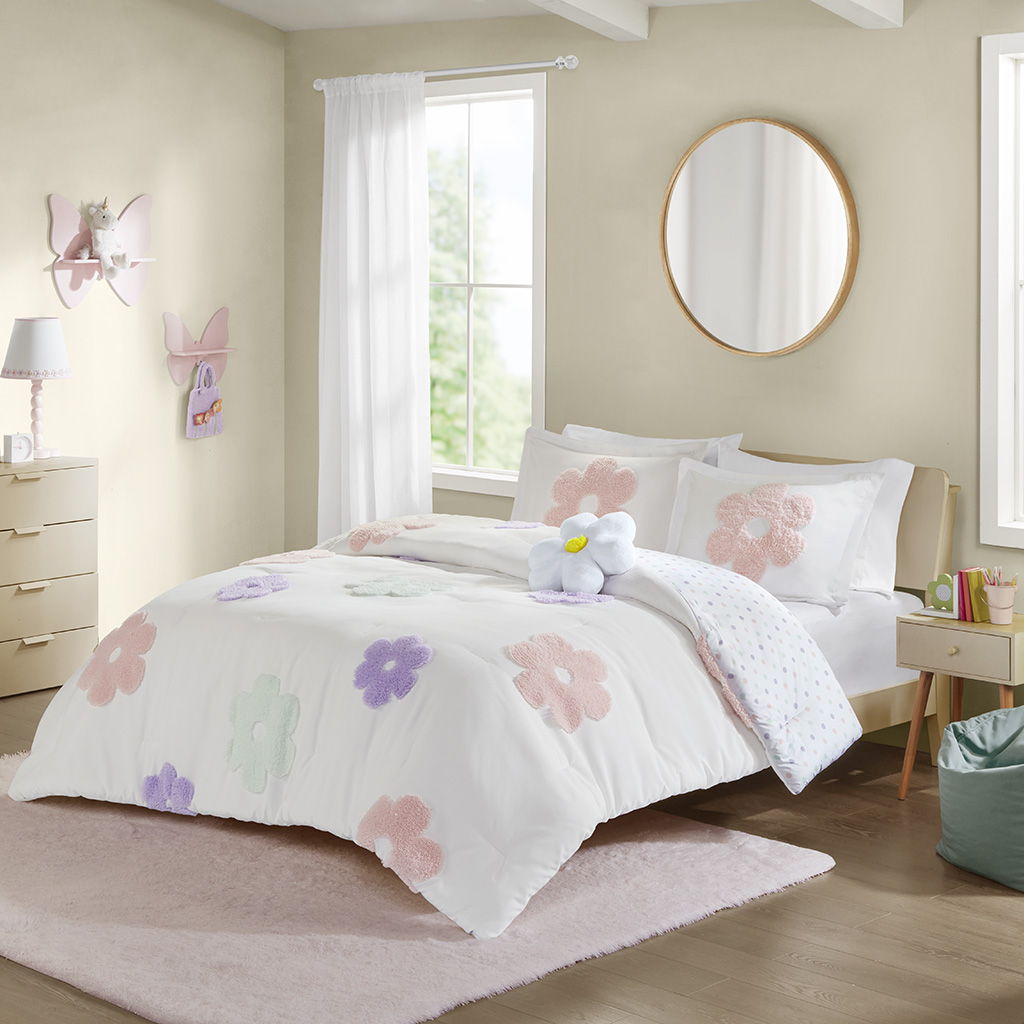 Gracie - Floral Reversible Tufted Chenille Comforter Set With Flower Throw Pillow - White / Purple