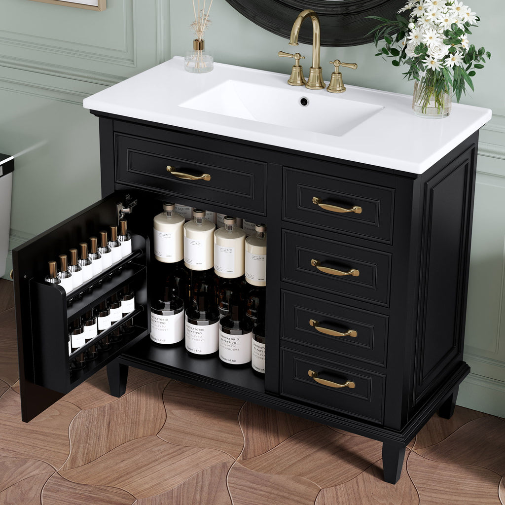 Modern Bathroom Vanity With Sink Top, Flip Drawers, Adjustable Shelf