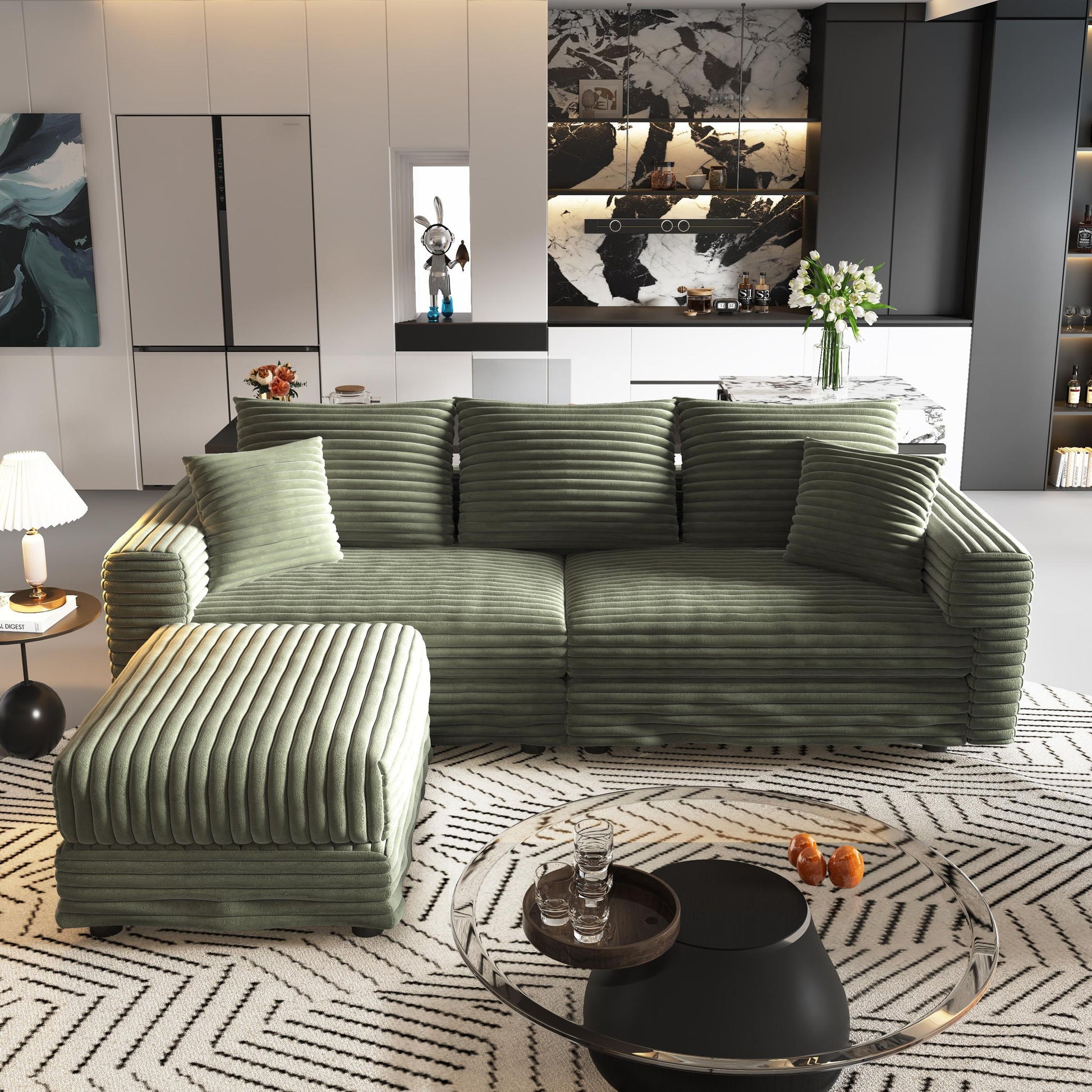 Deep Seat Convertible Sofa With Soft Pillows And Ottomans