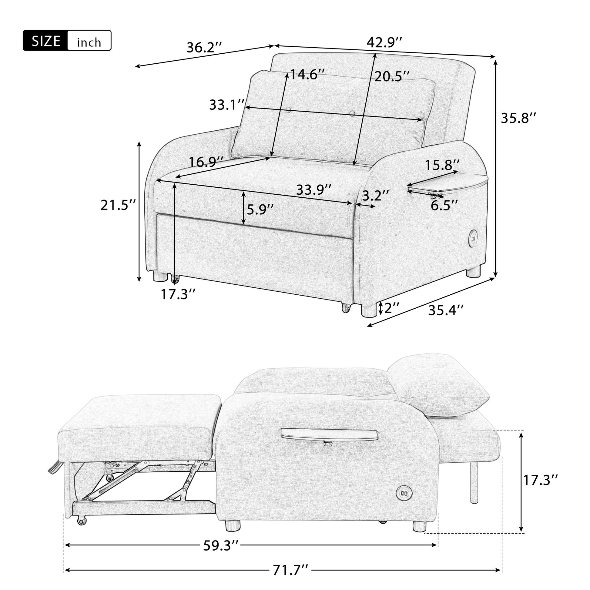 Versatile Pull Out Sofa Sleeper 3 In 1 With Wing Table & USB Charge, Compact Design