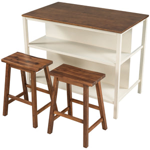 Rustic 3 Piece Stationary Kitchen Island Set With 2 Seatings, With 2 Open Shelves