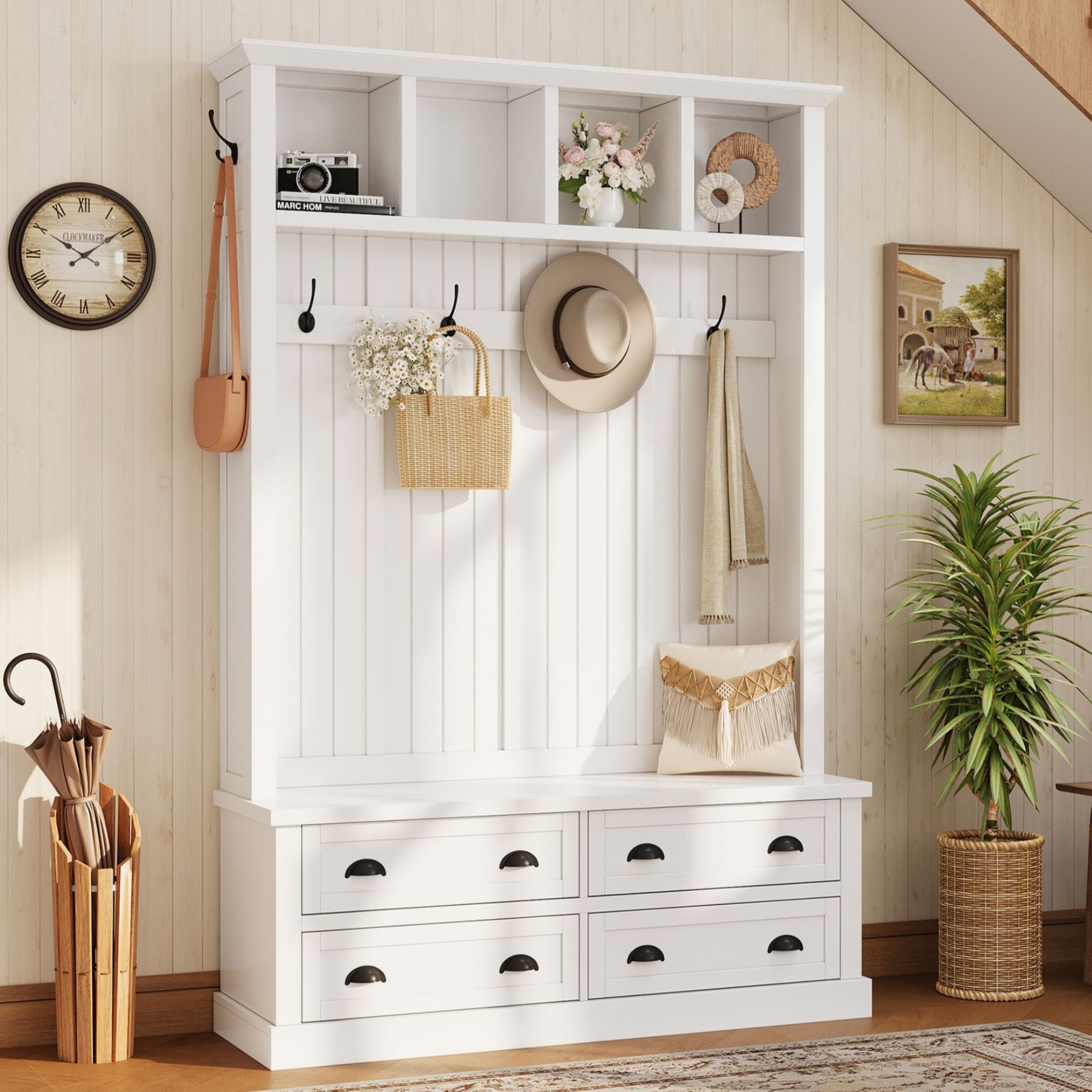 Hall Tree With 4 Drawers, Coat Rack With 6 Hooks