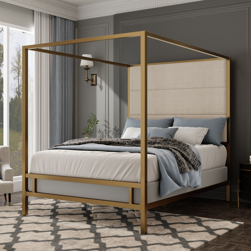 Canopy Bed With Tall Upholstered Headboard, 4 Poster Frame