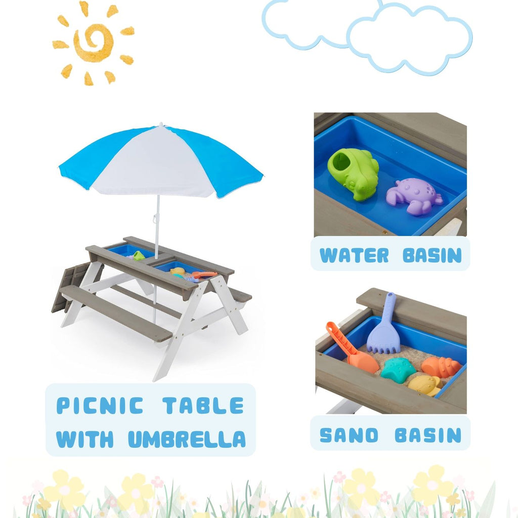 Wooden Kids Picnic Table, Sand And Water Table With Umbrella, Activity Table For Outdoor Backyard Patio Play - White / Gray