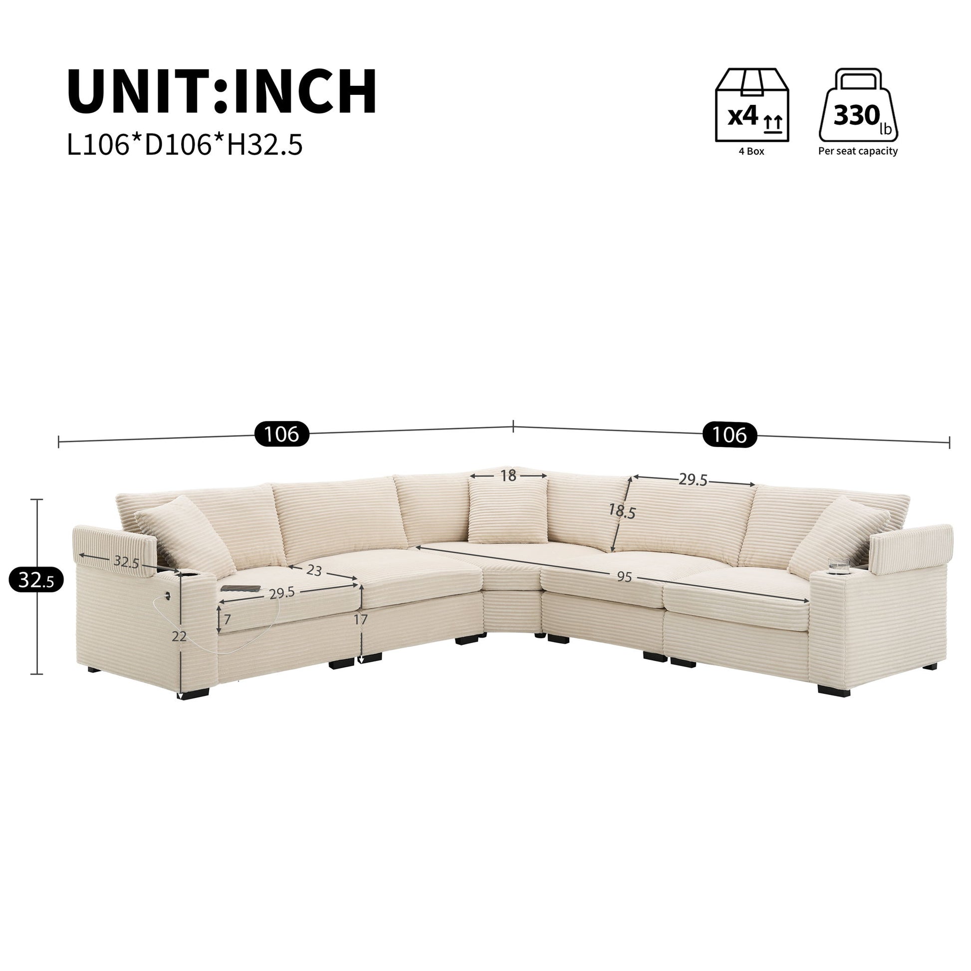 Convertible L Shaped Sectional Corner Couch With Armrest Storage Cup Holders USB Charger, Irregular Corner Oversized Comfy Modular Sofa