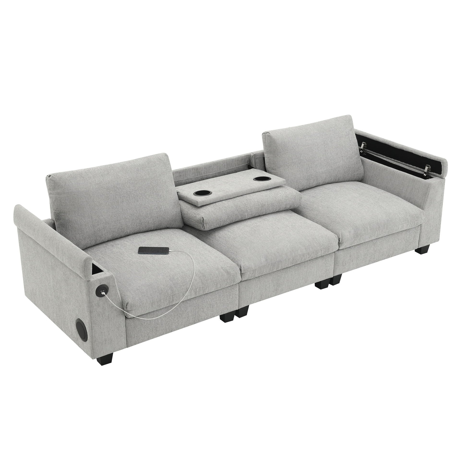 Sectional With Bluetooth Speaker Comfy Cloud Couch Set With Drop Down Table Cup Holders, USB Charger Storage Armrest Wide Seat Sofa