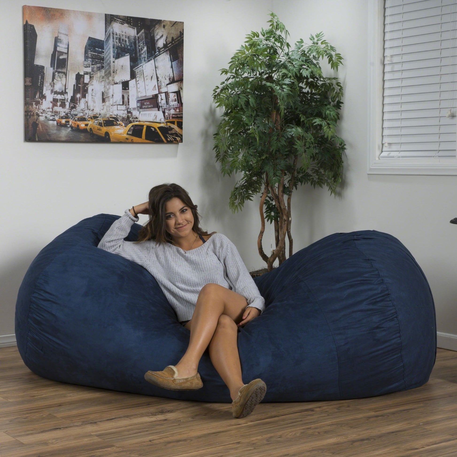Marlin - 6.5 Foot Cylindrical Bean Bag With Removable Suede Cover - Midnight Blue