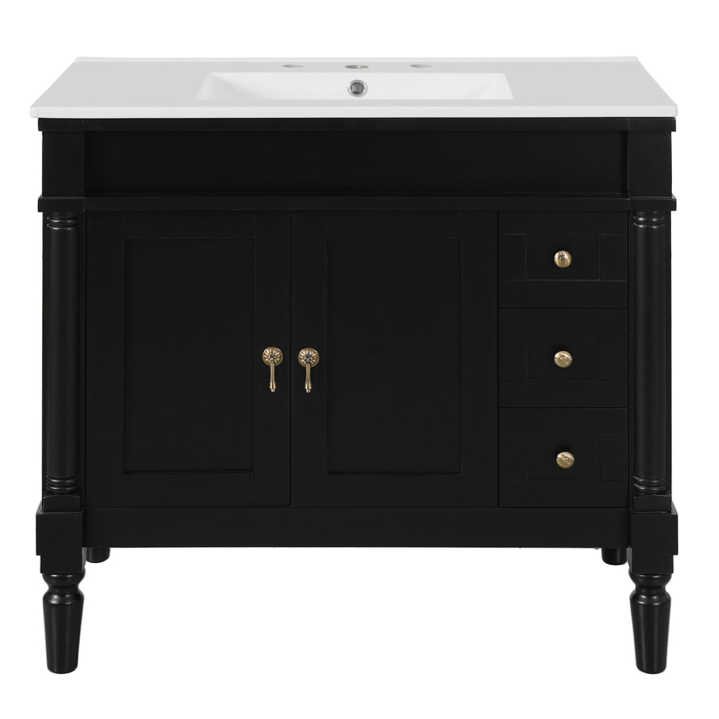 Bathroom Vanity With Ceramic Sink, 2 Doors 3 Drawers, Soft Close Design