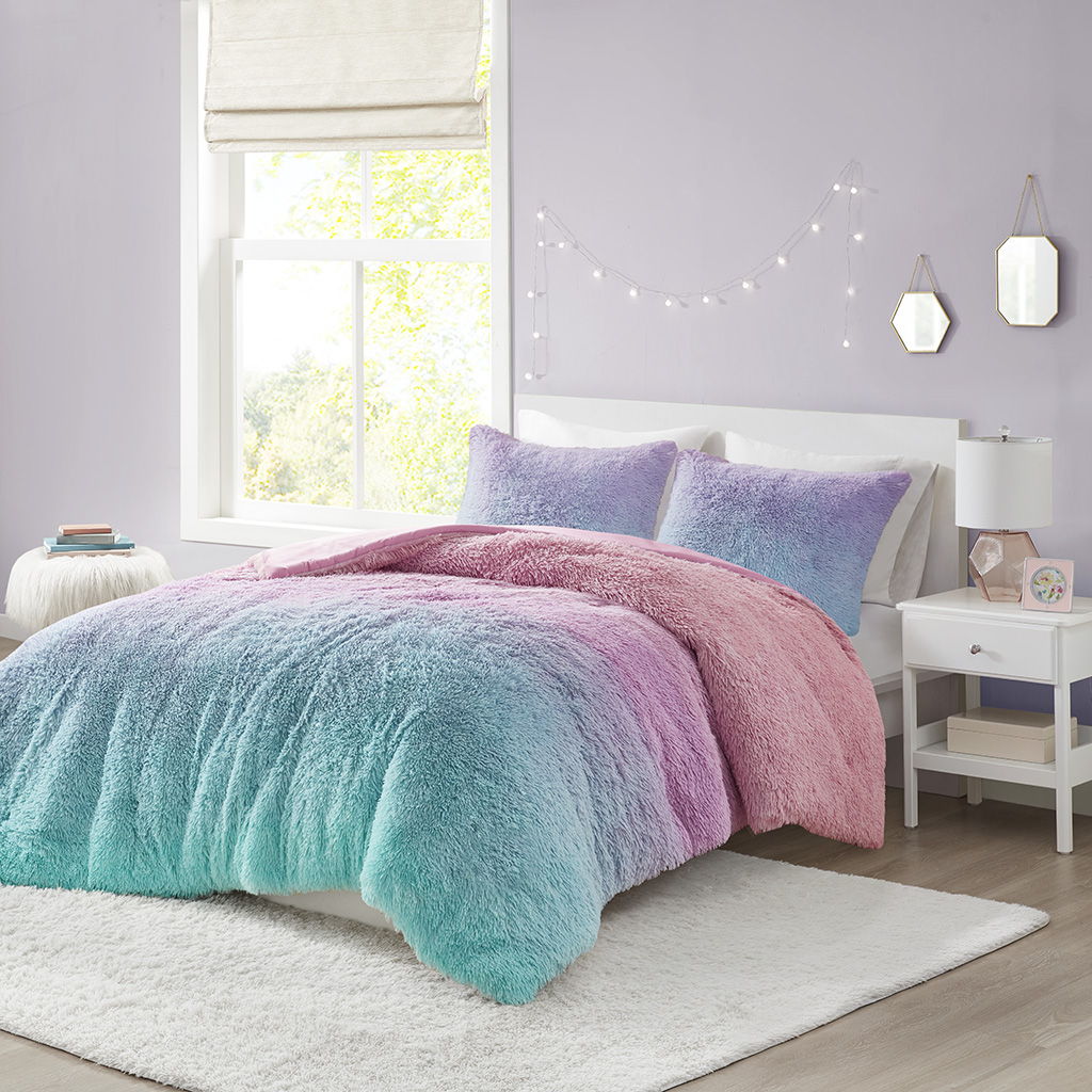 Primrose - Ombre Shaggy Faux Fur Comforter Set - Purple Multi