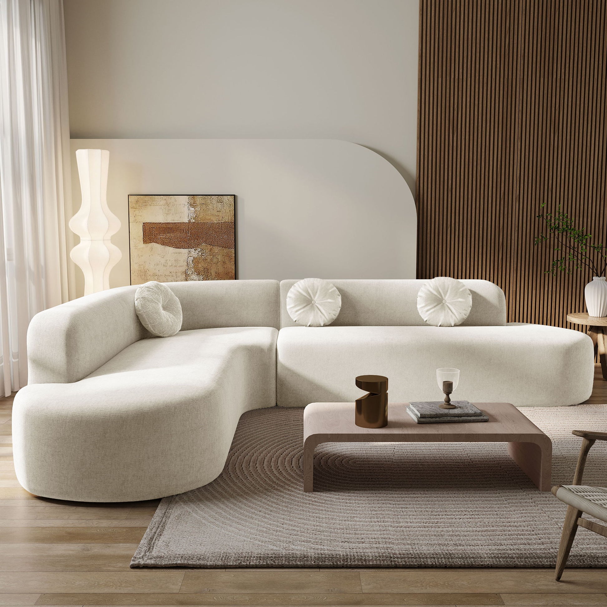 Extra Large Sectional Sofa Soft Fabric Upholstery, Elegant Curved Design With 3 Round Cushions, High - Resilience Foam For Ultimate Comfort - Beige