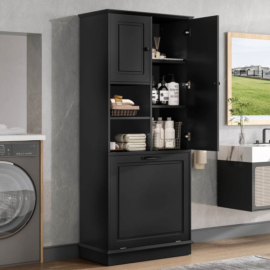 Modern Tall Storage Cabinet With Adjustable Shelves, Flip-Out Basket & Enclosed Doors