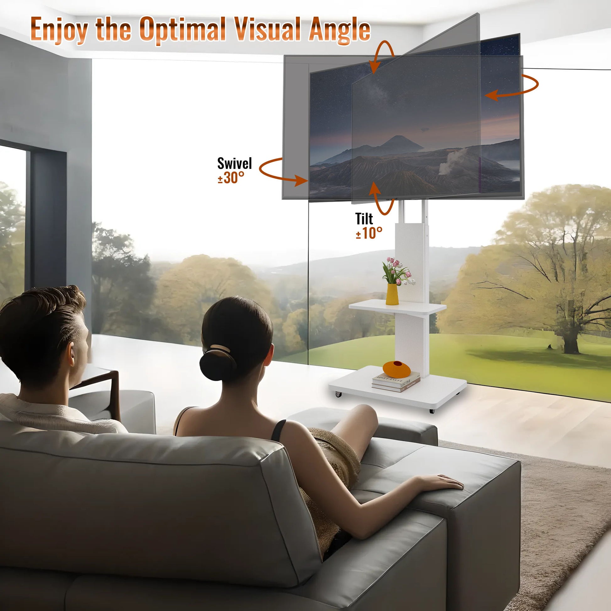 Mobile TV Stand With Shelf Floor Mount Cart For TVs With Lockable Wheels Ideal For Living Room Bedroom Or Office - White