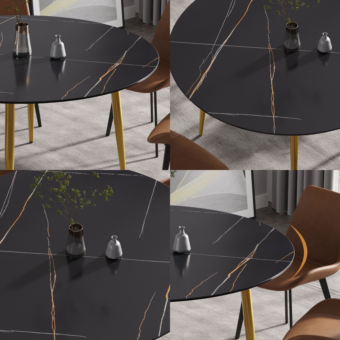 Modern Man-Made Stone Round Metal Dining Table-Position For 6 People - Black