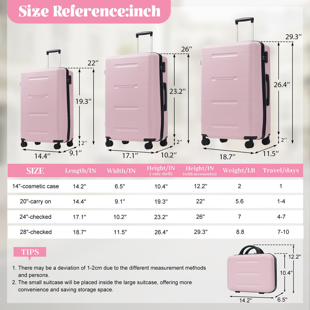6 Piece Lightweight Hardshell Luggage Set With Double Spinner Wheels, Password Lock