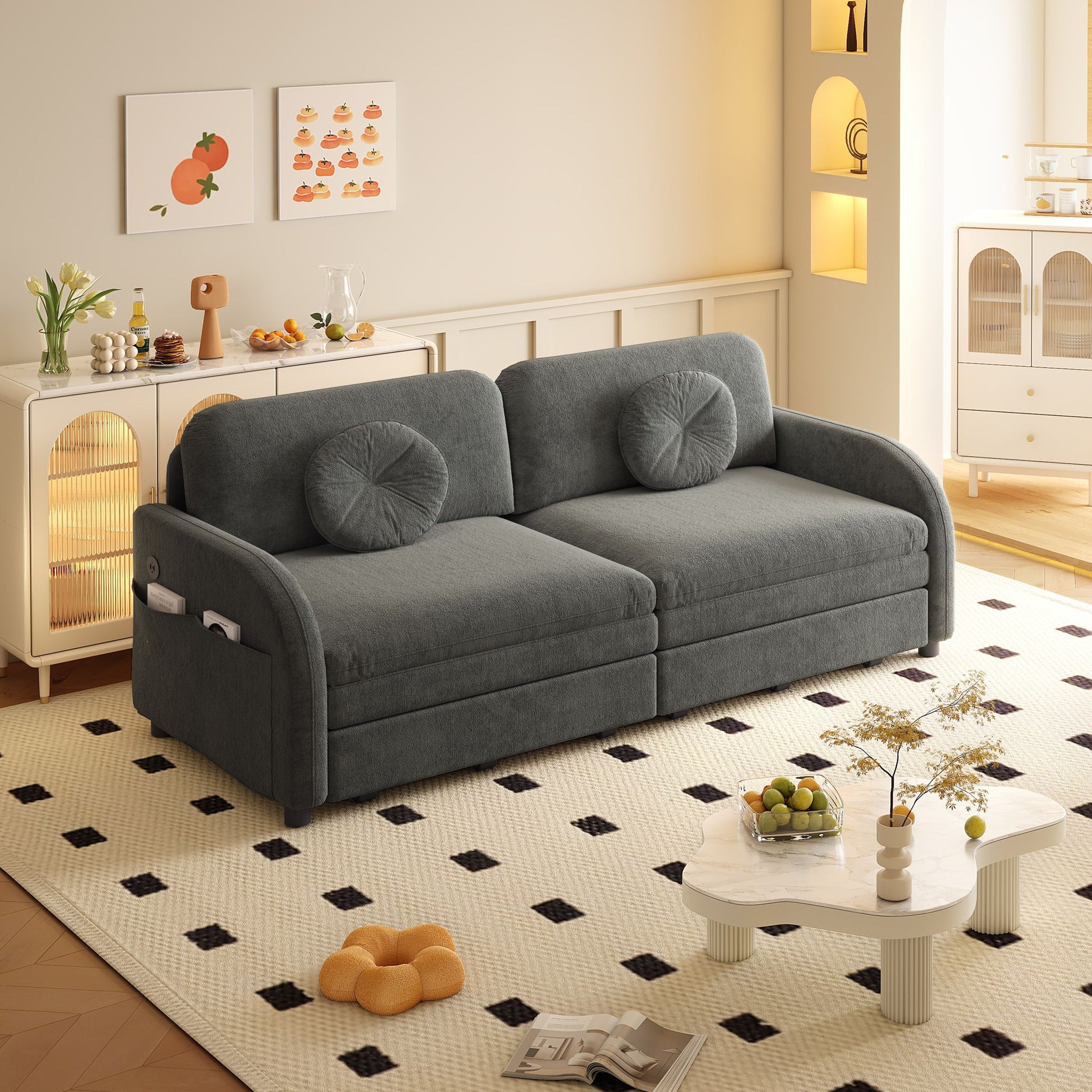 Upholstered Pull Out Couch With Side Pocket & USB Port